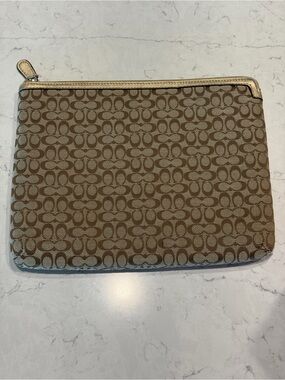 Coach Tan Signature Canvas Zip Pouch with Metallic Trim